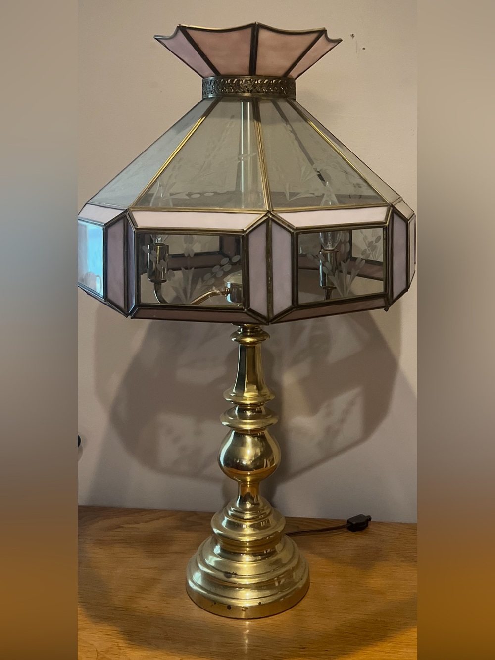 Antique Brass Table Lamp with Pink Stained Glass Shade -floral leaf cut glass
